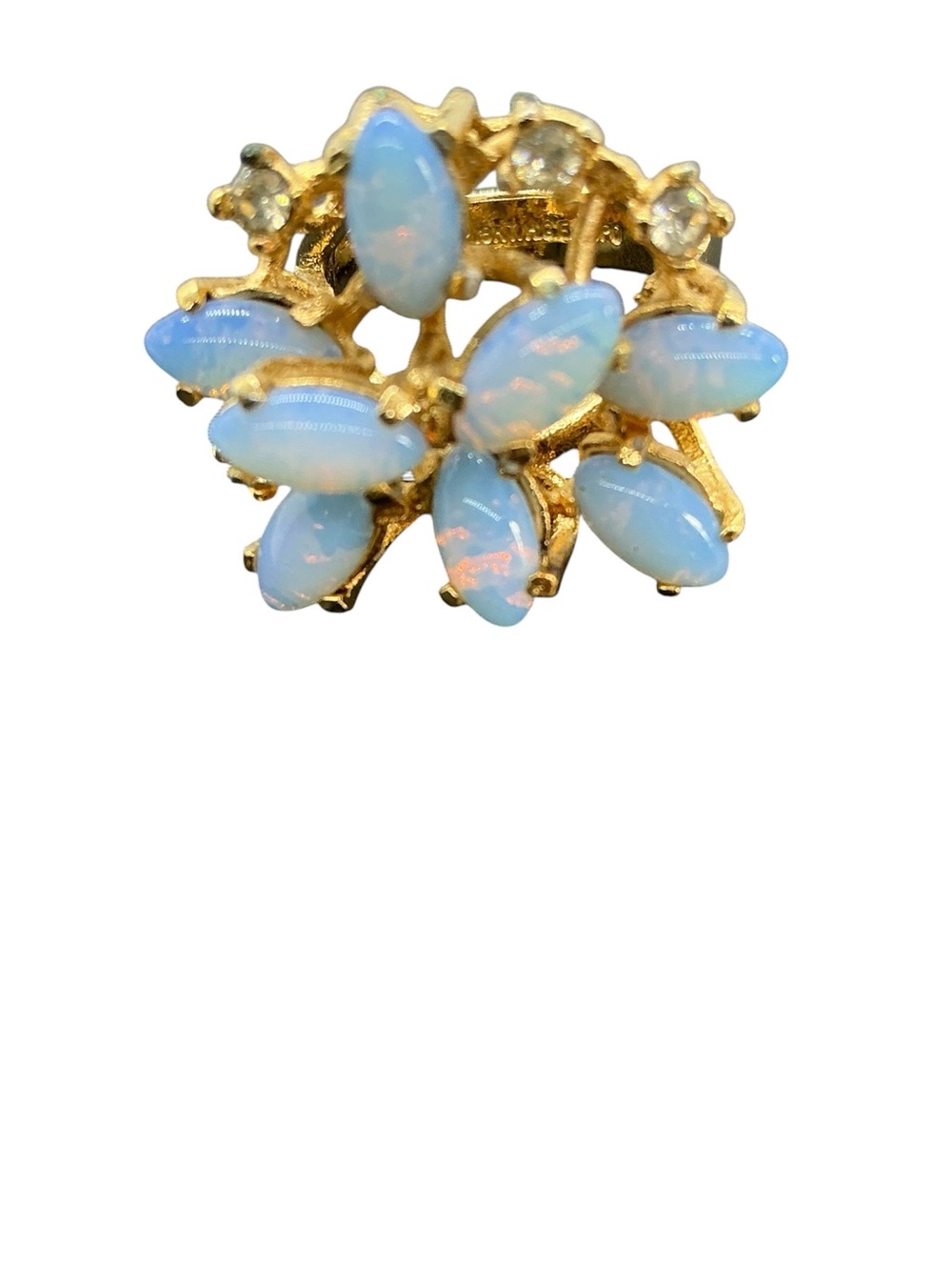 Vtg Brutalist 18k HGE Marquise Faux Opal Rhinestone Cluster Cocktail Ring Sz 6